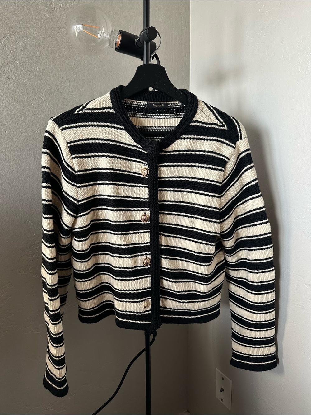Massimo Dutti Black and Cream Striped Button Cardigan